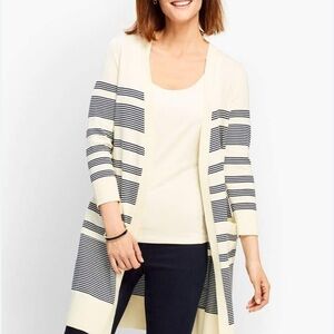 Talbots Open Front cardigan Duster Cream Black Stripe Pocket 100% SP Pima Cotton